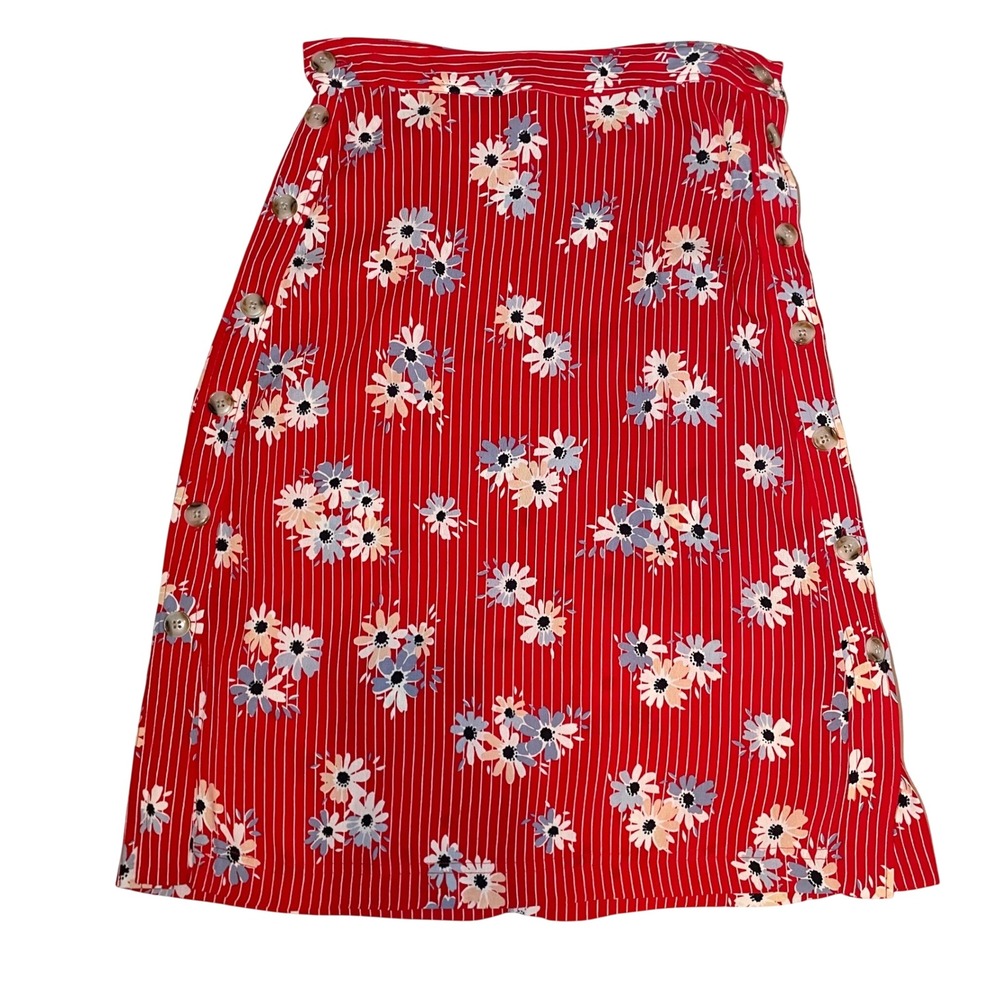 Madewell Red Floral Pinstripe Side Button A-Line Mini Skirt Size 2 Cottagecore